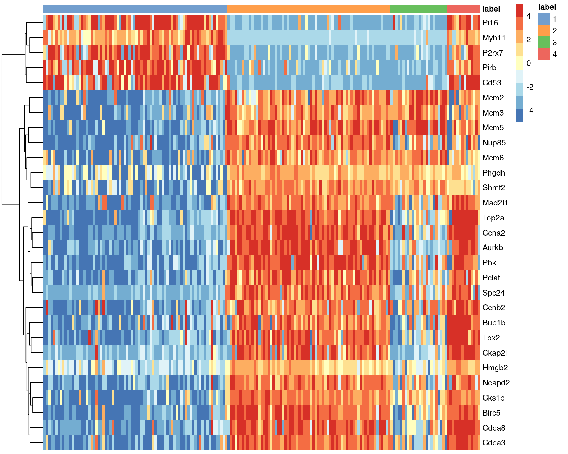 Heatmap of the top marker genes for cluster 1 in the 416B dataset, stratified by cluster. The plate of origin and oncogene induction status are also shown for each cell.