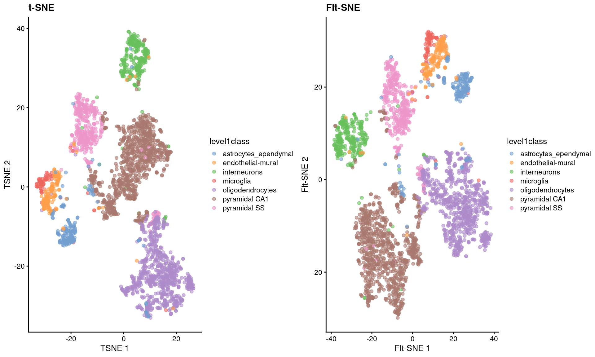 FI-tSNE embedding and Barnes-Hut $t$-SNE embeddings for the Zeisel brain data.