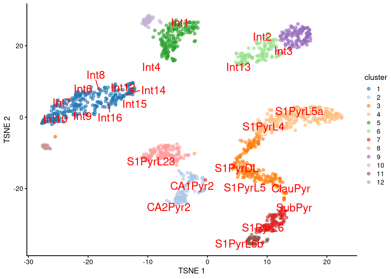 $t$-SNE plot of the Tasic dataset, where each point is a cell and is colored by the assigned cluster. Reference labels from the Zeisel dataset are also placed on the median coordinate across all cells assigned with that label.