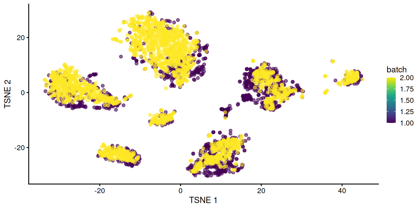 $t$-SNE plot of the two pancreas datasets after correction with `fastMNN()`. Each point represents a cell and is colored according to the batch of origin.