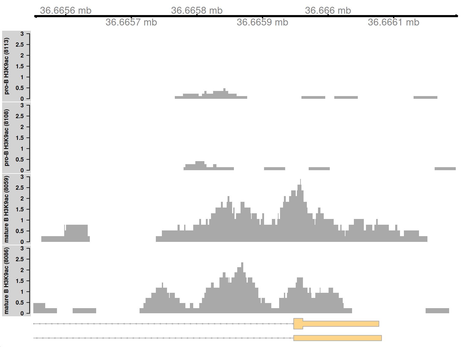 Coverage tracks for a sharp and simple DB event in the H3K9ac data set, shown as per-million values.