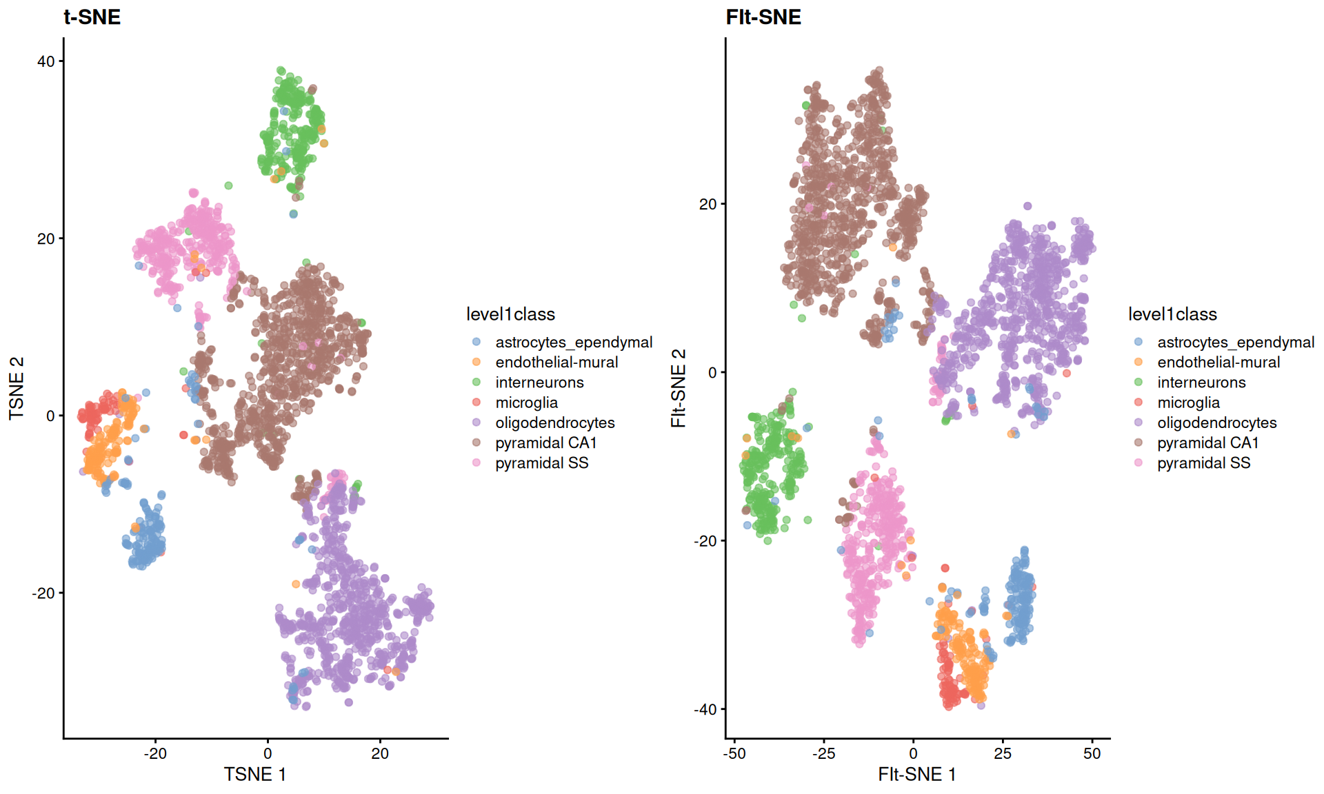 FI-tSNE embedding and Barnes-Hut $t$-SNE embeddings for the Zeisel brain data.