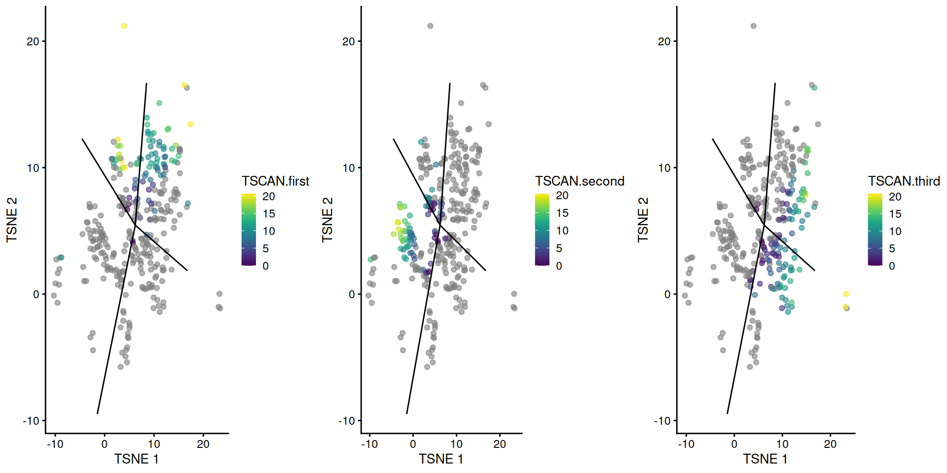 _TSCAN_-derived pseudotimes around cluster 2 in the Nestorowa HSC dataset. Each point is a cell in this cluster and is colored by its pseudotime value along the path to which it was assigned. The overlaid lines represent the relevant edges of the MST.