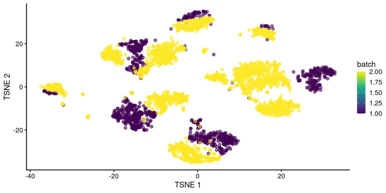 $t$-SNE plot of the two pancreas datasets after correction with `rescaleBatches()`. Each point represents a cell and is colored according to the batch of origin.