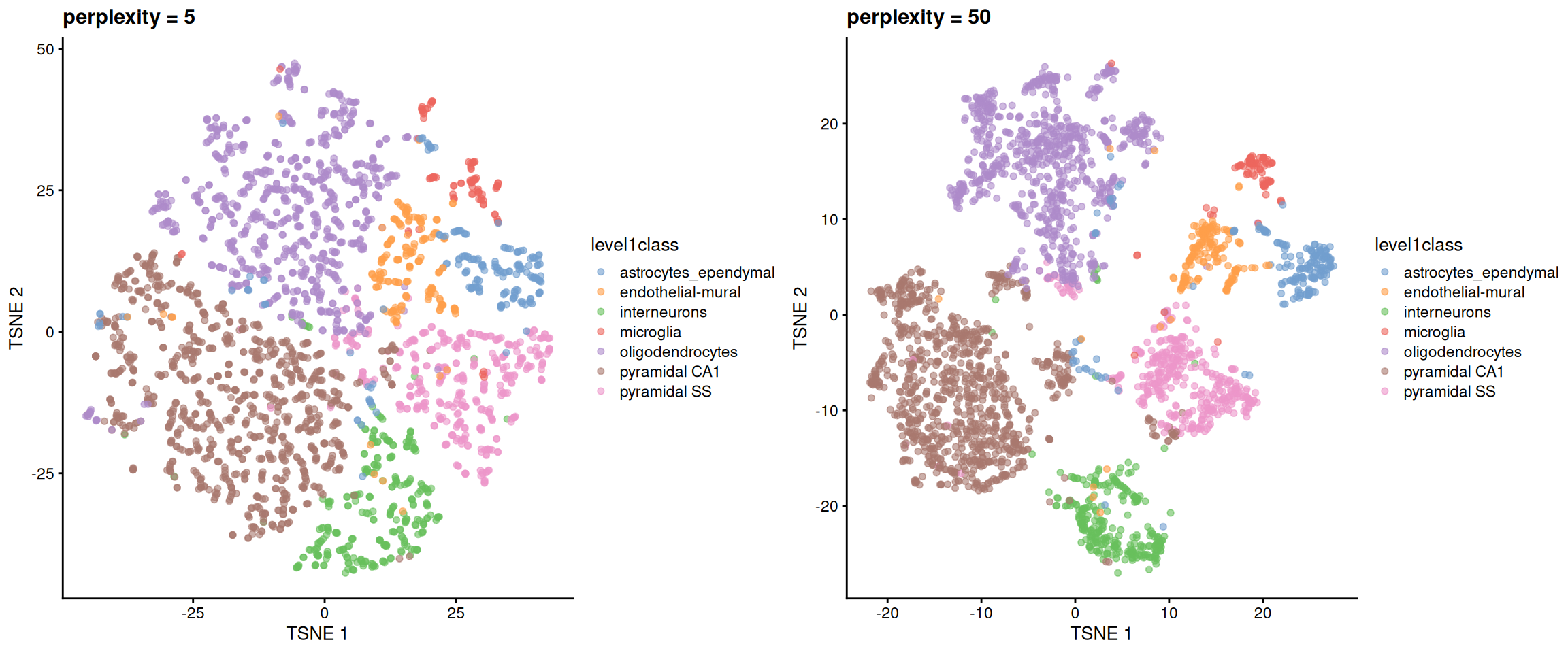 $t$-SNE plots constructed from the top PCs in the Zeisel brain dataset, using a range of perplexity values. Each point represents a cell, coloured according to its annotation.
