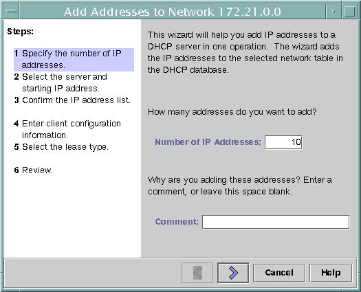 The context describes the purpose of the graphic. Shows Number of IP Addresses and Comment fields, back and forward arrows, Cancel, and Help buttons. 