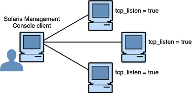 Solaris Management Console client talking to several remote systems. Each system is running a Solaris Management Console server.